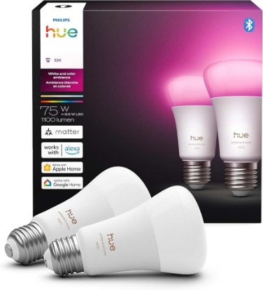 Picture of Philips Hue Smart LED Full Spectrum A19 9.5W Light Bulb, 2-Pack | White and Color Ambiance 1000K-20000K, 1100 Lumens, E26 Base, 9.5W, Dimmable, Works with Alexa, Google Assistant, Apple Home