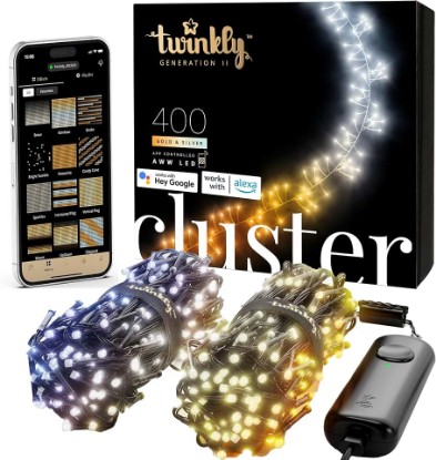 Picture of Twinkly Cluster – App-Controlled LED Christmas Lights with 400 AWW (Amber, Warm White, Cool White) LEDs. 19.7 feet. Green Wire. Indoor and Outdoor Smart Lighting Decoration
