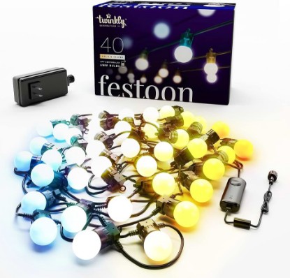 Picture of Twinkly Festoon App-Controlled LED Bulb Outdoor String Lights w/ 40 AWW (Warm to Cool White) LEDs, 65.6 ft Patio Lights, Outside Lights w/Black Cable. Smart Indoor Outdoor Lights Decoration | Amber, Warm White and Cool White per LED, G45 Bulbs, IP44 Rated, Wi-Fi and Bluetooth App Control, Groupable Strings