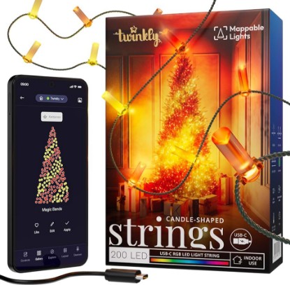 Picture of Twinkly Candies App-Controlled Candle-Shaped LED Light String with 200 RGB (16 Million Colors) LEDs. 5 Meters / 16.4 Feet. Green Wire. USB-C-Powered. Indoor Smart Home Lighting Decoration