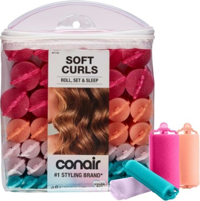 Picture of Conair Hair Rollers for Heatless Curls Overnight, Snap Closures, 48 Count | 4 sizes and assorted colors of foam curlers, rollers come complete with a clear storage case for organization and protection