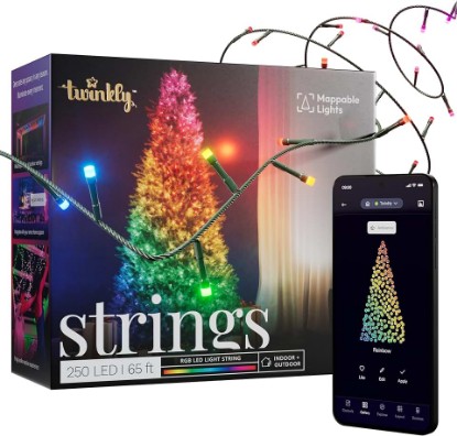 Picture of Twinkly Strings 250 RGB LEDs, in- and Outdoor LED Light String, Smart Multicolor LED Lights, Compatible with HomeKit, Alexa and Google Home, Gaming, IP44, App Control, Black Wire, 65.6ft