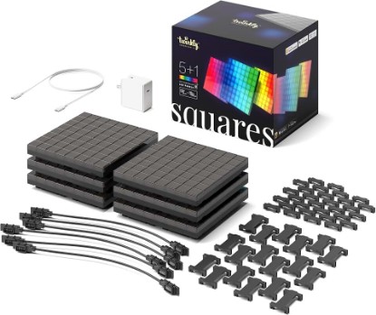 Picture of Twinkly Squares Starter Kit App-Controlled LED Wall Panels with 64 RGB (16 Million Colors) Pixels. Black. 1 Master Tile + 5 Extension Tiles. Indoor Panel Light Smart Home Lighting Decoration