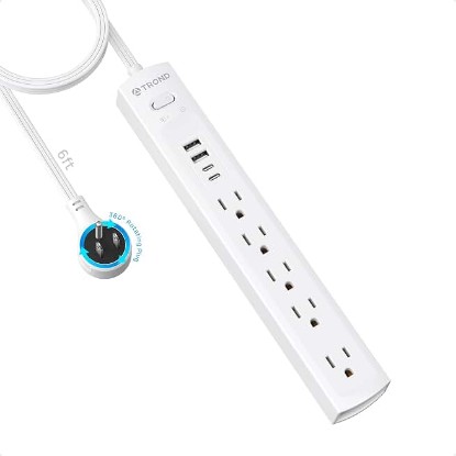 Picture of TROND Surge Protector Power Strip with 360° Rotating Flat Plug, White | 5 Widely Spaced Outlets, 2 USB C and 2 USB A, 1440J Surge Protector, Wall Mountable, Extension Cord 6ft for Home Office Dorm Global Recycled Standard