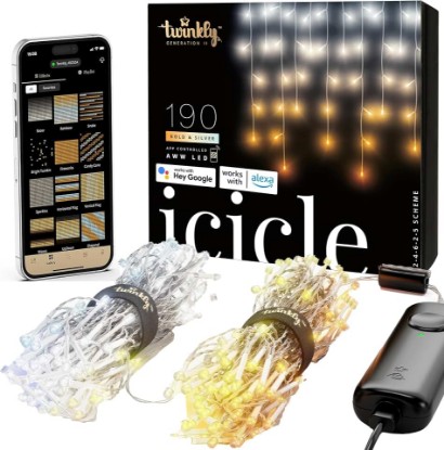 Picture of Twinkly Icicle 190 LED White, Outdoor and Indoor LED Cascade Lights, Smart Warm and Cool White LED Lights, Compatible with Alexa, Google Home, IP44, App Mapping, Transparent Wire, 18ft