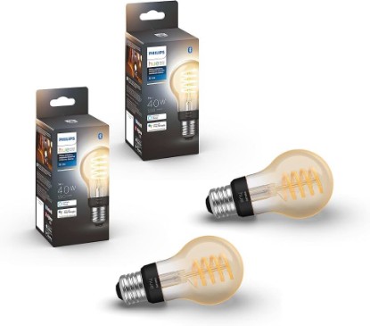 Picture of Philips Hue Smart 40W A19 Filament LED Bulb - White Ambiance Warm-to-Cool White Light - 2 Pack - 550LM - E26 - Indoor - Control with Hue App - Works with Alexa, Google Assistant and Apple Homekit