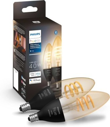 Picture of Philips Hue Smart 40W Candle-Shaped Filament LED Bulb - White Ambiance Warm-to-Cool White Light - 2 Pack - 350LM - E12 - Indoor - Control with Voice or App