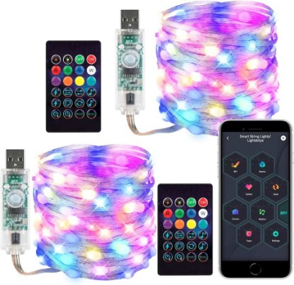 Picture of Smart Fairy String Lights 2 Pack WS2812B 33FT USB Bluetooth Twinkle with Timer and Remote, Music Sync Funny Modes Color Chasing Lights for Bedroom Curtain Christmas Wedding Party Decor IP65