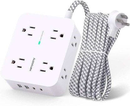 Picture of HANYCONY Surge Protector Power Strip, 1080J, 5 Ft Braided Extension Cord | 8 Outlets 4 USB Ports(2 USB C), Outlet Extender, Flat Plug, Wall Mount, Desk Charging Station, Home Office, Dorm Room ETL