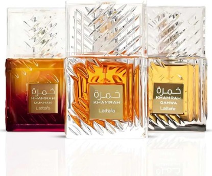 Picture of Lattafa Khamrah Qahwa & Dukhan Eau De Parfum Sprays 100ML (3.4 OZ) – Unisex Long Lasting Fragrance – 3 Pack Gift Set – Premium Middle Eastern Perfume