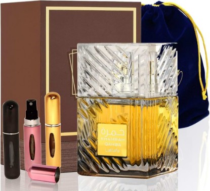 Picture of Lattafa Khamrah Qahwa - Eau de Parfum Long-Lasting Fragrance for Unisex, 3.4 Ounce / 100 ml with Elegant Velvet Pouch and 3 Refillable Atomizer Spray Bottles