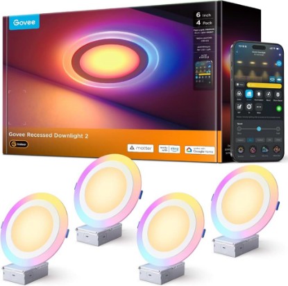 Picture of Govee Smart Recessed Lighting 6 Inch, LED Recessed Light 1100LM, 4 Pack | Work with Matter/Alexa/Google Assistant, RGBIC Dimmable Canless Downlight with Junction Box for Living Room, Bedroom, Kitchen