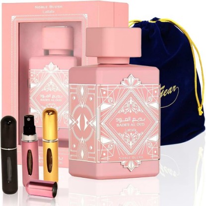 Picture of Lattafa Bade'e Al Oud Noble Blush for Unisex Eau de parfum Spray 3.4 Ounce / 100 ml, with Elegant Velvet Pouch and 3 Refillable Atomizer Spray Bottles
