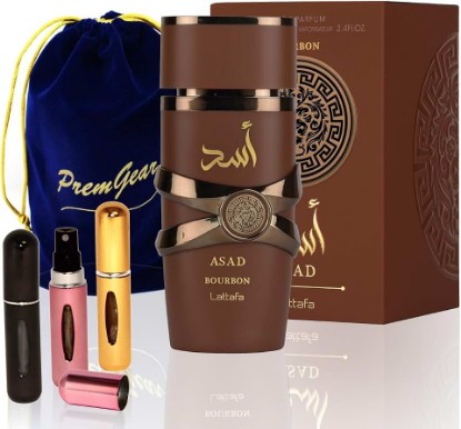 Picture of Lattafa Asad Bourbon Eau de Parfum Spray for Unisex, 3.4 Ounce / 100 ml with Elegant Velvet Pouch and 3 Refillable Atomizer Spray Bottles
