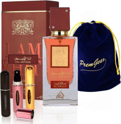 Picture of Lattafa Ana Abiyedh Scarlet – Eau de Parfum Spray Long-Lasting Fragrance for Unisex, 2.0fl oz / 100ml with Elegant Velvet Pouches and 3 Refillable Atomizer Bottles