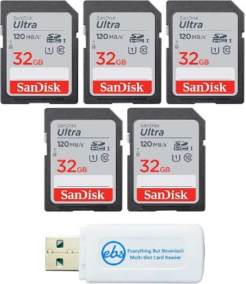 Picture of SanDisk 32 GB Class 10 SD HC Ultra Flash Memory Card - 5 Pack (SDSDUN4-032G-GN6IN) Bundle with Everything But Stromboli MicroSD & SD Card Reader | Also Compatible with Trail Cameras and Camcorders (SDSDUN4-032G-GN6IN) Bundle with Everything But Stromboli Combo Card Reader
