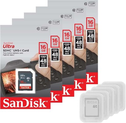 Picture of 5 Pack - SanDisk Ultra 16GB SD SDHC Memory Flash Card UHS-I Class 10 Read Speed up to 48MB/s 320X SDSDUNB-016G-GN3IN Wholesale Lot + (5 Cases)