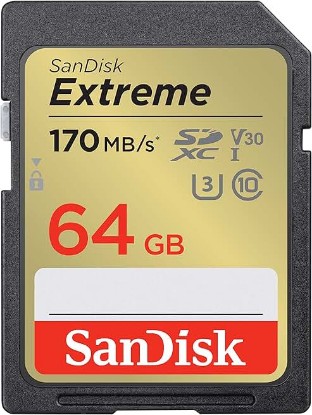 Picture of Sandisk 64GB Extreme SDXC UHS-I Memory Card - C10, U3, V30, 4K, UHD, SD Card - SDSDXV2-064G-GNCIN | UHS-I, V30, U3, Class 10, 4K video