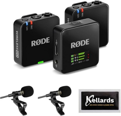 Picture of Rode Wireless GO (Gen 3) 2-Person Compact Digital Wireless Microphone Recorder Black Bundle with Grade Lavalier Lapel Microphone (2 Pack), Kellards Cleaning Cloth