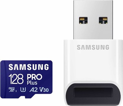 Picture of Samsung PRO Plus 128GB microSDXC Memory Card + Reader, Up to 180 MB/s | Full HD & 4K UHD, UHS-I, C10, U3, V30, A2 microSD for Android Phones, Tablets, GoPRO, DJI Drone (MB-MD128SB/AM)