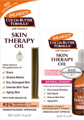 Picture of Palmer's Skin Therapy Face Oil (1 fl Oz) + Body Oil (5.1 fl Oz) Bundle with Cocoa Butter, Vitamin E & C & Retinol, Visibly Reduces the Appearance of Stretch Marks, Fine Lines and Wrinkles