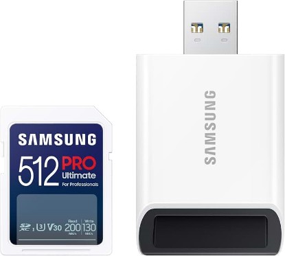 Picture of Samsung PRO Ultimate 512GB SDXC Memory Card+USB 3.0 Reader, Up to 200 MB/s | Full Size Memory Card, 4K UHD, UHS-I, C10, U3, V30, A2 for DSLR, Mirrorless Cameras, PCs (MB-SY512SB/AM)