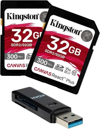 Picture of Kingston Canvas React Plus 32GB Memory Card Bundle | Card Reader, (3 items)