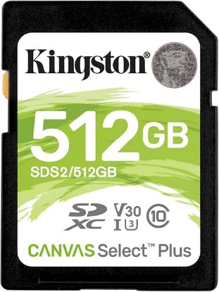 Picture of Kingston 512GB Canvas Select Plus SDXC Card | Up to 100MB/s | Class 10 UHS-I U1 V30 | SDS2/512GB | Up to 100MB/s, UHS-I, V30, U1, Class 10