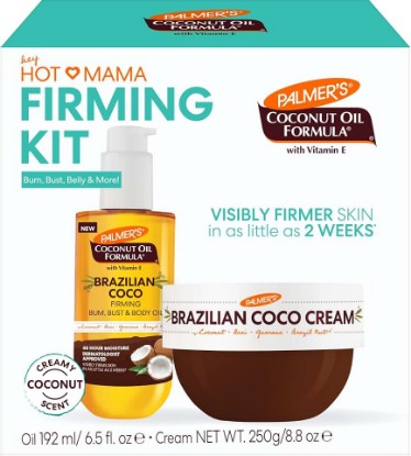 Picture of Palmer's Brazilian Coco Hot Mama Firming Kit (Cream 8.8 Oz + Oil 6.6 Fl Oz) | Coconut Oil Formula Skin Care Duo, Helps Tone Bum, Belly & Thighs, Guarana, Acai + Brazil Nut, Deep Hydration, 48hr Moisture