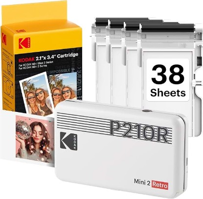 Picture of KODAK Mini 2 Retro 2x3 Portable Photo Printer, 4PASS, 38 Sheets, White | Bluetooth, iPhone & Android Smartphone Compatible, Smudge-Proof, Water-Resistant, Fade-Resistant
