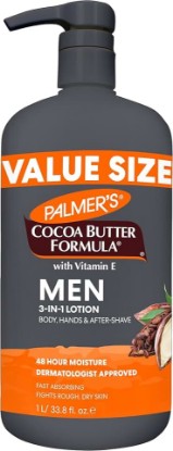 Picture of Palmer's Men's Face & Body Moisturizer, Cocoa Butter Formula (33.8 Oz) | 3-in-1 Fast Absorbing Dry Skin Body Lotion for Men, 48hr Hydration, Vitamin E Soothes Dryness for Hands, Body, Aftershave