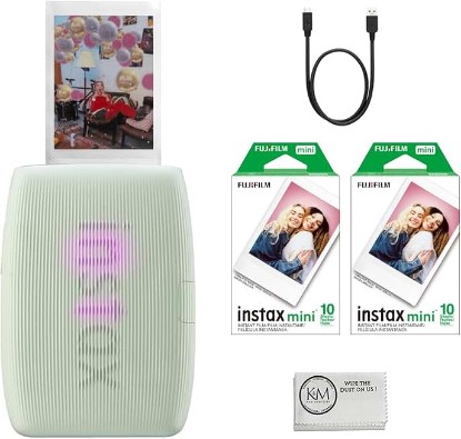 Picture of Fujifilm INSTAX Mini Link 3 Smartphone Printer | Sage Green Bundled INSTAX Mini Instant Film | 20 Exposures + Microfiber Cleaning Cloth (3 Items)
