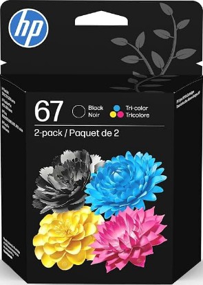 Picture of HP 67 Black/Tri-Color Ink Cartridges (2-Pack) | Works with DeskJet 1255, 2700, 4100, Envy 6000, 6400 | Instant Ink Eligible | 3YP29AN | Packaging May Vary ECOLOGO