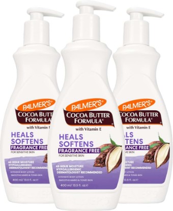Picture of Palmer's Fragrance Free Cocoa Butter Body Lotion (13.5 Fl Oz - Pack of 3) | Intensive Moisturizer for Rough, Dry & Eczema-Prone Skin, Unscented Body Lotion, Provides 48-Hr Deep Hydration, Pump Bottle