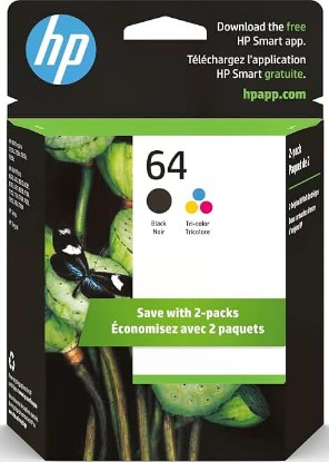 Picture of HP 64 Black & Tri-Color Ink Cartridges Printers (Combo Pack) | Works with Printer Series: Inspire 7950e; Envy Photo 6200, 7100, 7800; Tango | Eligible for Instant Ink | X4D92AN ECOLOGO
