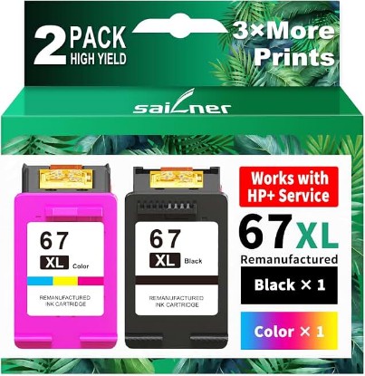 Picture of 67XL Ink Cartridges Black/Color Combo Pack Replacement for HP Ink 67 HP67XL | High Yield 67XL Ink Compatible with HP DeskJet 2755e 2855e 2700 2700e 4155e 2734e 2827e 4100e Envy 6055 6455e Printer 2PK ClimeCo Certified