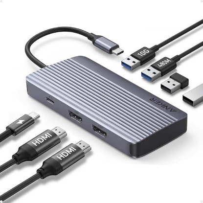 Picture of Anker 7-in-1 USB-C Hub, Dual Monitor USB C Docking Station, Dual HDMI Display, 85W Max Output, 10Gbps Data Transfers for Dell XPS, ThinkPad T14 Gen2 and More | 85W Max PD, 1 USB-A 10Gbps and 3 USB 2.0 Data Ports, Dual 4K HDMI, for Dell XPS, ThinkPad T14 Gen2 and More