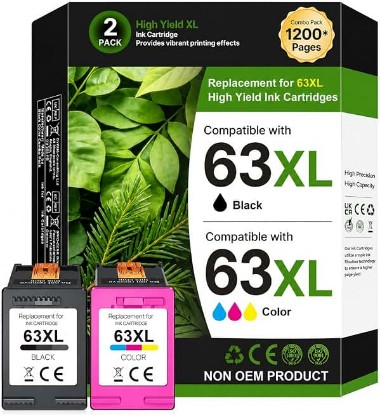 Picture of 63XL Ink Cartridges Black and Color Replacement for HP Ink 63 for HP 63XL Ink Cartridge Combo Pack Work for HP OfficeJet 3830 4650 5255 5258 5200; Envy 4520 4512 4510; DeskJet 1112 2130 3630 (2 Pack)