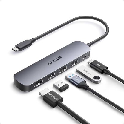 Picture of Anker USB-C Hub, 5-in-1 USB Hub for Laptops, 4K HDMI Multiport Adapter | USB C Dongle with 90W Max Power Delivery, 3×5Gbps USB A Data Ports, for MacBook, Dell, and More (Charger Not Included) ClimatePartner certified