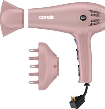 Picture of Conair Hair Dryer with Diffuser & Concentrator, 1875W, Matte Light Pink | Blow dryer with ionic tourmaline technology, 3 heat settings, and 2 speed options to efficiently style all hair types