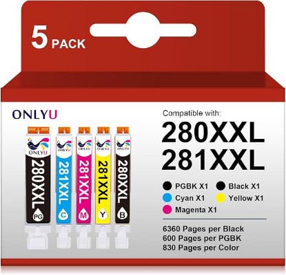 Picture of ONLYU 280XXL 281XXL Compatible for Canon Ink 280 and 281 Cartridges PGI-280XXL CLI-281XXL for Canon TR8620a Ink Cartridges for Pixma TR8620 TR8620a TS6320 TR7520 TS6120 TS6220 TS8220 TS9520 (5 Pack)