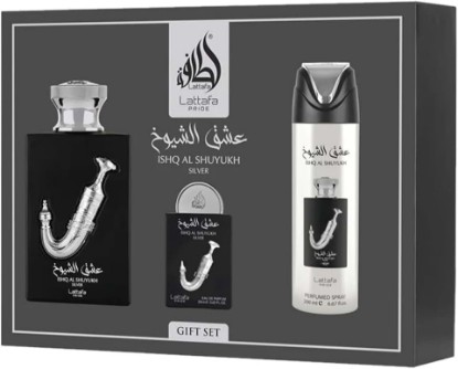 Picture of Lattafa Pride - Ishq Al Shuyukh Silver for Men - 3 Pc Gift Set 3.4oz EDP Spray, 6.67oz Perfumed Body Spray, 0.67oz EDP Spray