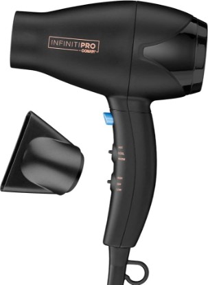 Picture of INFINITI PRO CONAIR Travel Hair Dryer, 1600W Mighty Mini Compact Blow Dryer with Concentrator Attachment, Lightweight Professional AC Motor for Fast Drying, 3 Heat & 2 Speed Settings, Black