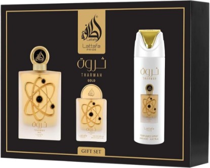 Picture of Lattafa Pride Tharwah Gold For Unisex 3 Piece Gift Set (3.4 Fl Oz EDP + 0.65 Fl Oz EDP + 6.67 Fl Oz Deo)