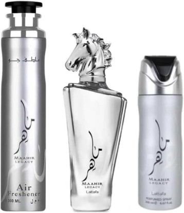 Picture of Lattafa Maahir Legacy for Men 3 Piece Gift Set (3.4 Fl Oz EDP + 6.67 Fl Oz Deo + 10.14 Fl Oz Air Freshener)