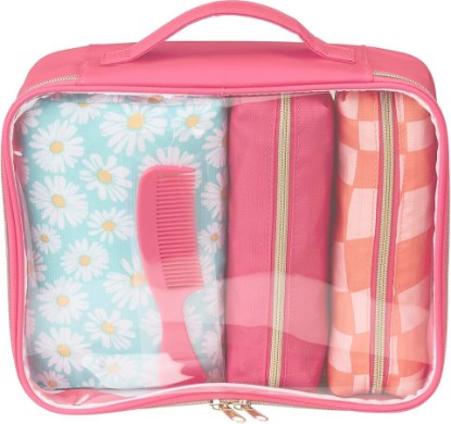 Picture of Conair 5 Piece Toiletry and Cosmetic Bag Set Under $30, Includes 4 Makeup Bags and 1 Travel Comb in Pink and Daisy Prints