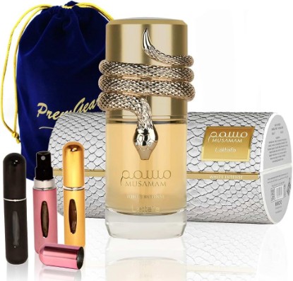 Picture of Lattafa Musamam White Intense Eau de Parfum Spray for Unisex 3.4 Ounce / 100 ml, with Elegant Velvet Pouch and 3 Refillable Atomizer Spray Bottles