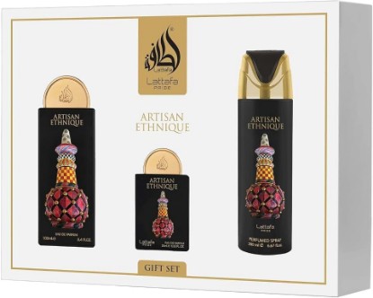 Picture of Lattafa Pride Artisan Ethnique – Spicy, Gourmand, Sweet, Ambery – 3-Piece Gift Set for Unisex (3.4 Oz Eau de Parfum Spray + 0.65 Oz Eau de Parfum Spray + 6.67 Oz Deodorant Spray)