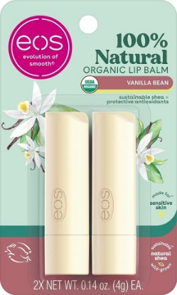 Picture of eos 100% Natural & Organic Lip Balm Sticks - Vanilla Bean, All Natural Lip Balm, All-Day Moisture, Dermatologist Recommended, 0.14 oz, 2-Pack USDA Organic
