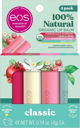 Picture of eos 100% Natural & Organic Lip Balm Sticks- Strawberry Sorbet, Vanilla Bean, Sweet Mint & Pomegranate Raspberry, Lip Care Products, 0.14 oz, 4-Pack USDA Organic